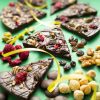 Decadent Dark chocolate pizza displayed as slices with ingredients and ribbon