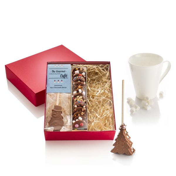 hot chocolate hamper box gift with hot chocolate stick next to a mug