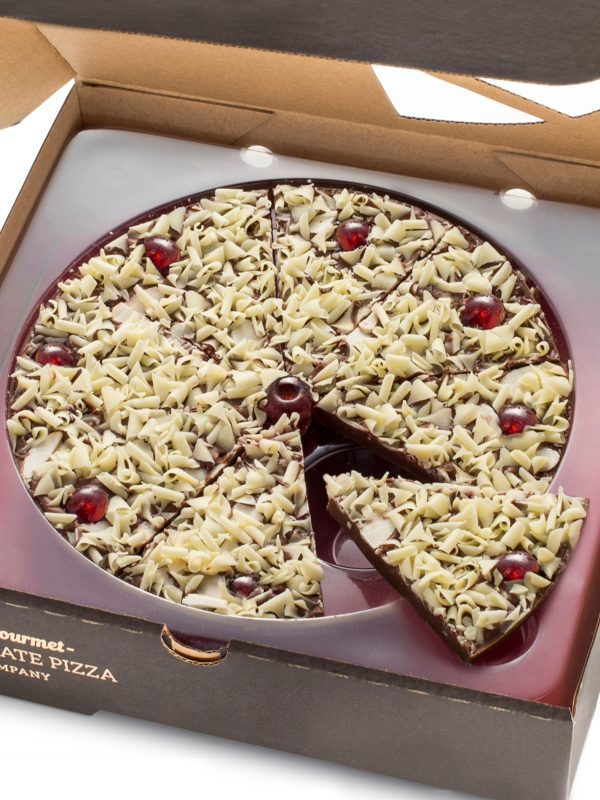 Bakewell Tart chocolate pizza with slice moved out.