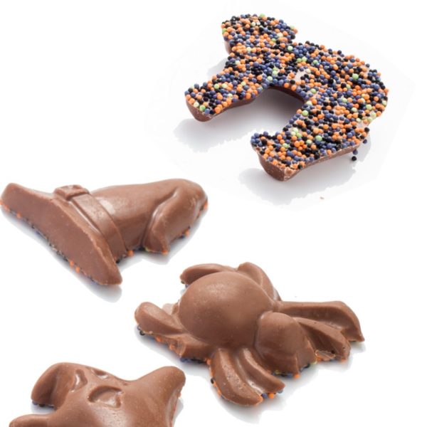 Milk chocolate Halloween shapes one side covered in Halloween colours 100's & 1000's