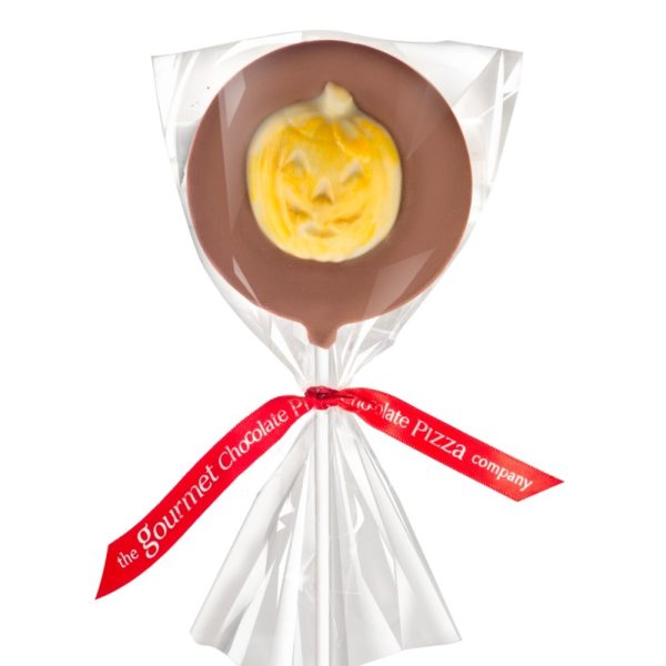 Milk and white chocolate pumpkin lollipop tied with red ribbon