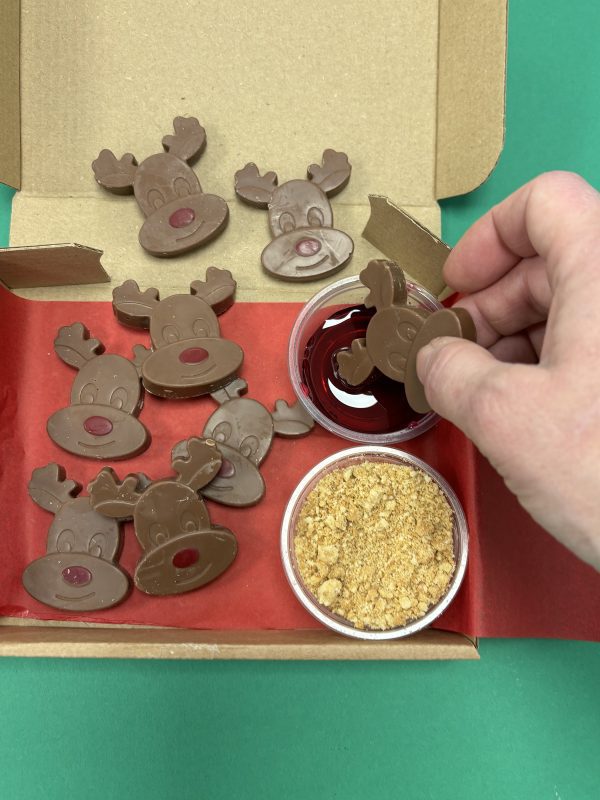 Dipping chocolate reindeer in raspberry sauce