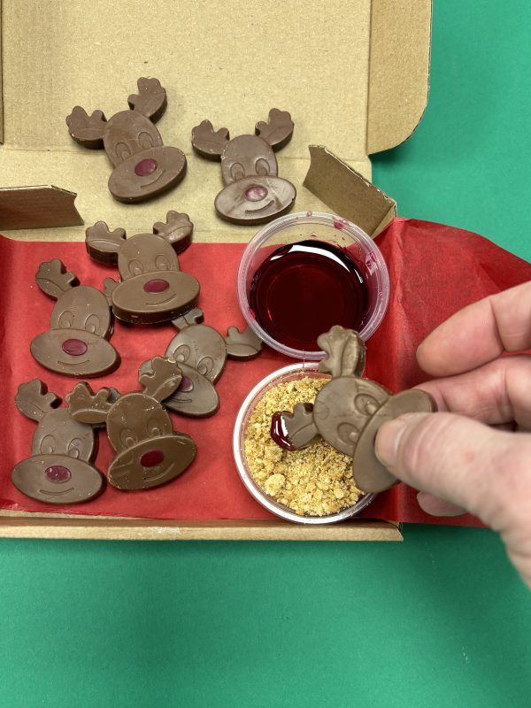 Dipping chocolate reindeer into biscuit crumb