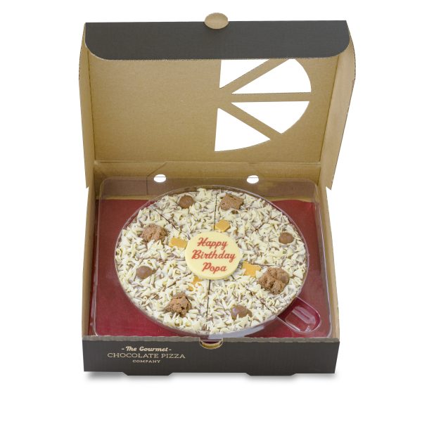 Personalised bespoke chocolate pizza in open box