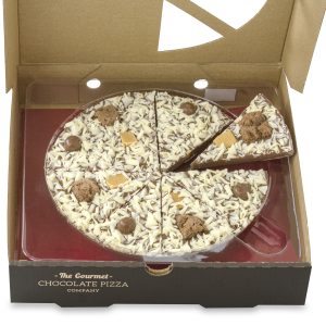 Bespoke chocolate pizza with slice pulled out